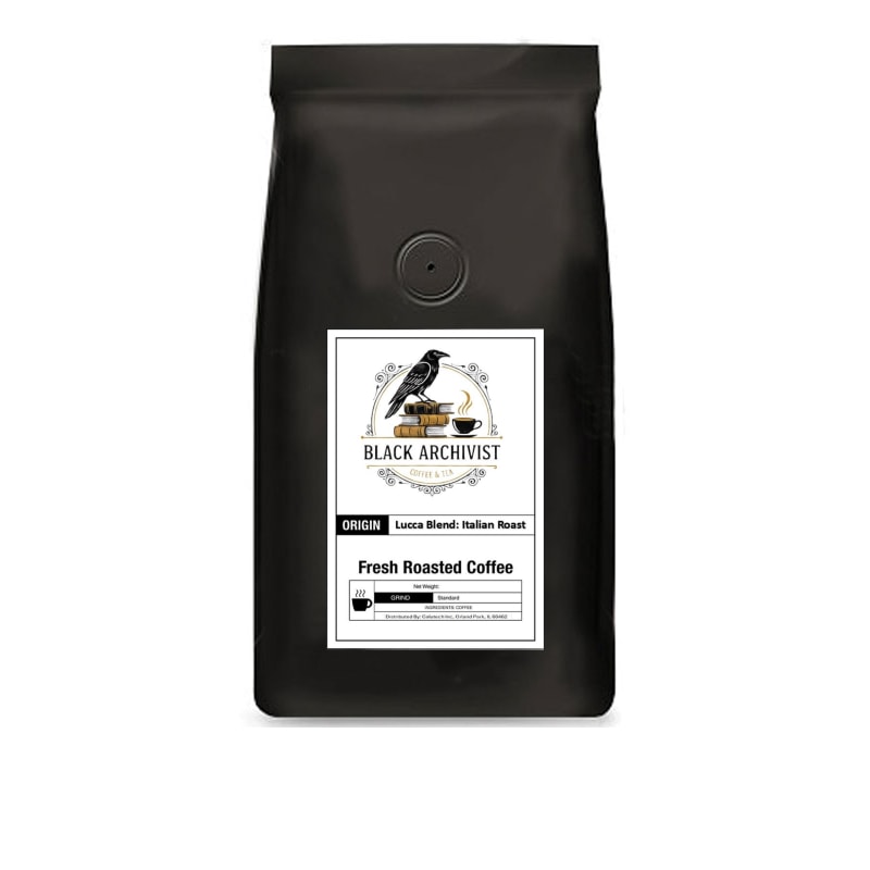 Black coffee bag with a label featuring 'Black Archivist' branding on a white background
