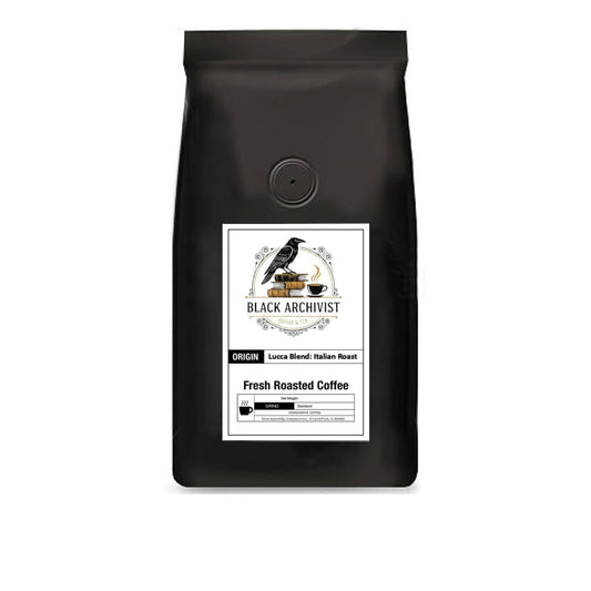 Black coffee bag with a label featuring 'Black Archivist' branding on a white background